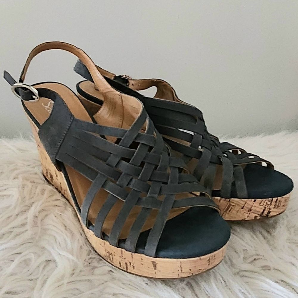 Franco Sarto open toe cork wedge sandals slingback women's 11 blue gray color